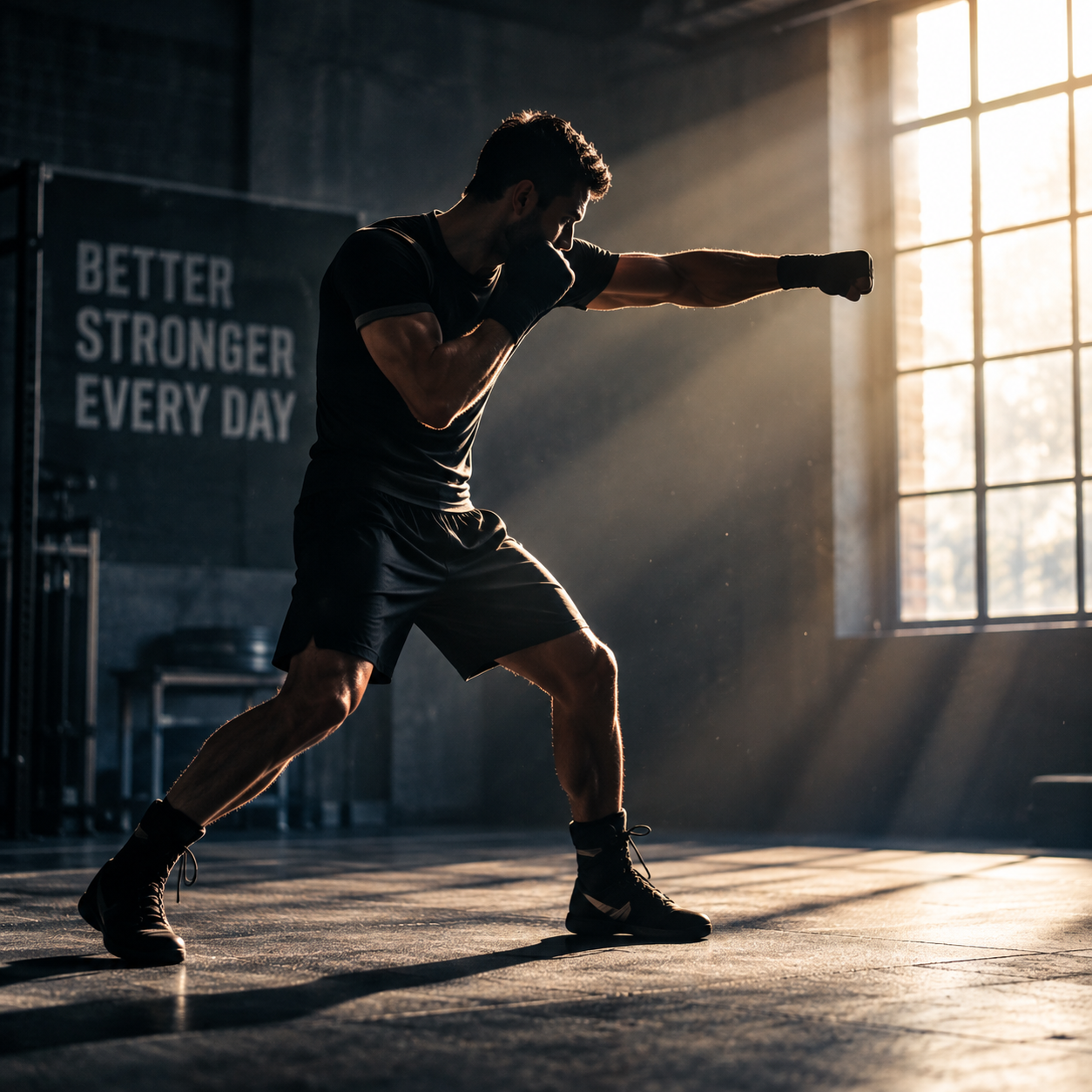 Athlete shadow boxing beneath warm gym lights